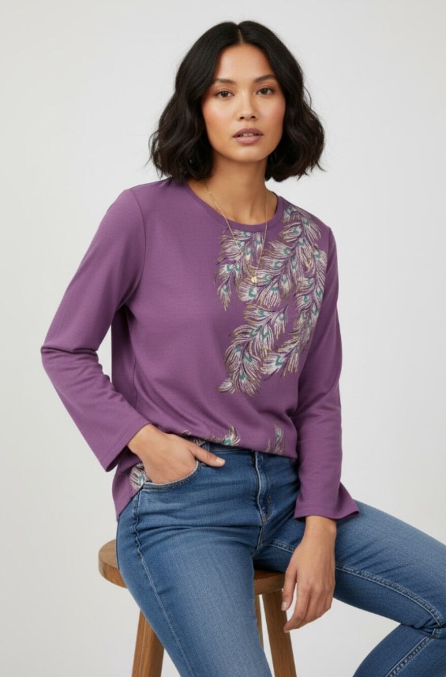 Chico's Foiled Touch of Cool Layering Long Sleeve Tee Purple Feather Size 3 XL
